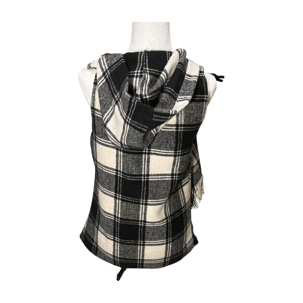 Altar'd State Black Cream Plaid Waterfall Hooded Vest Fringe Small - Picture 9 of 9